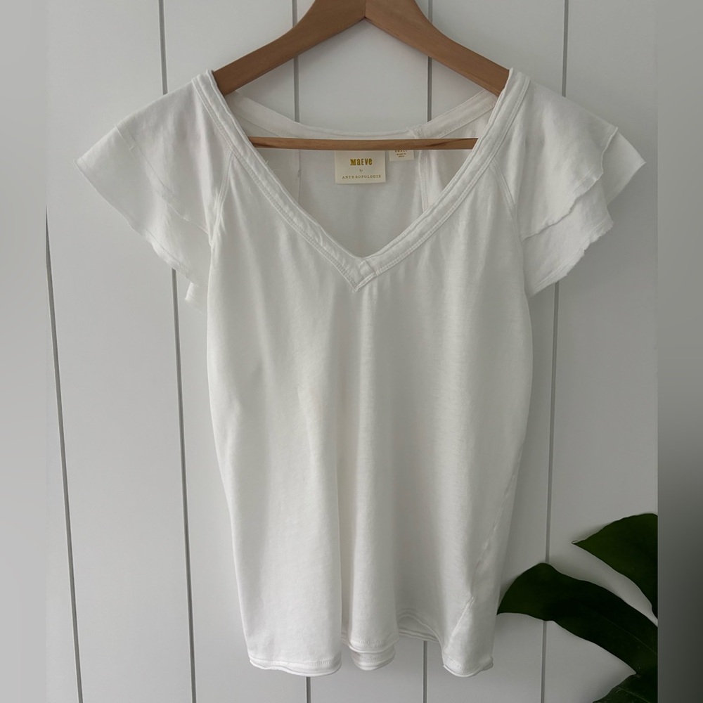 Maeve White V-Neck flutter Sleeve T-Shirt
